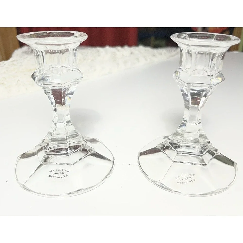 Vtg LIBBEY GLASS CANDLESTICK 2245 Paneled Clear Crystal Set Candle Holder 4